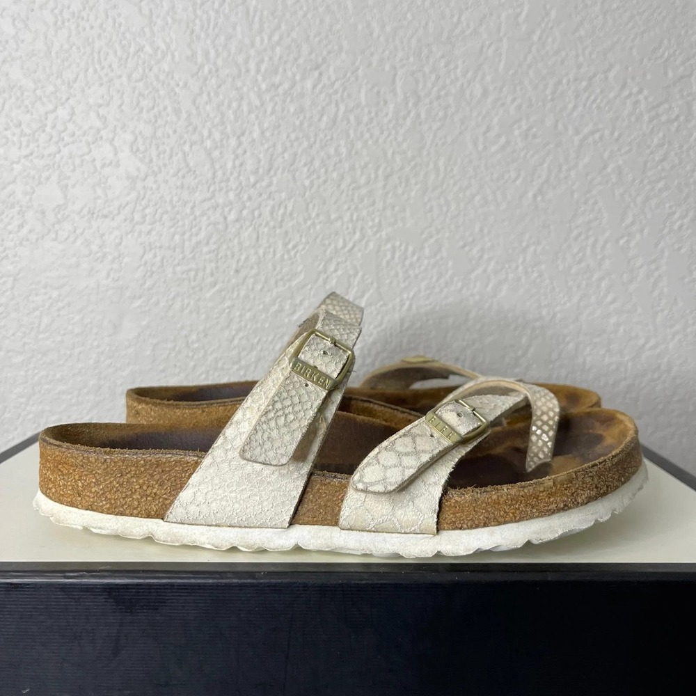 Birkenstock Mayari Flip Flops‎ Shiny Snake Cream Sandals Women's 37 EU/6 US